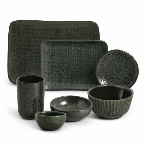 Conjunto Sushi 42 Peças Travessas Ramequins Copos Molheiras Cerâmica Verde Porto Brasil