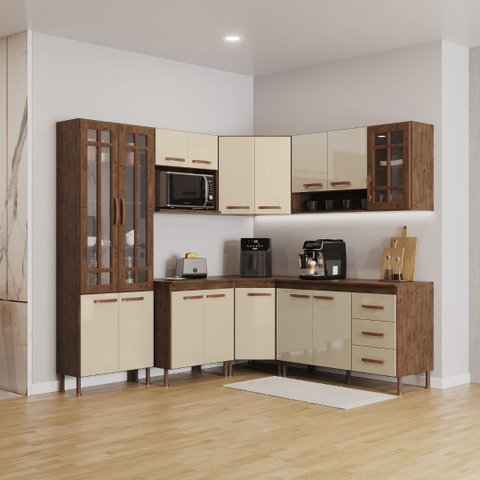 Cozinha Modulada Completa Fidelitá Lisboa 7 Peças 410cm 16 Portas 3 Gavetas com Tampo