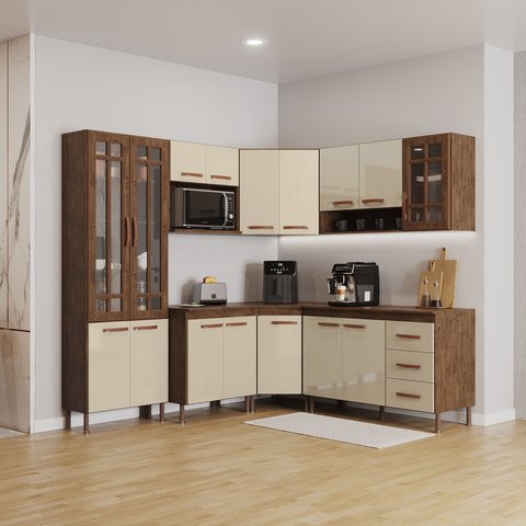 Cozinha Modulada Completa Fidelitá Lisboa 7 Peças 410cm 16 Portas 3 Gavetas com Tampo
