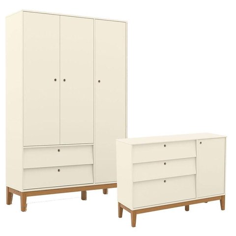 Cômoda Sapateira e Guarda Roupa Unique 3 Portas Off White Eco Wood - Matic