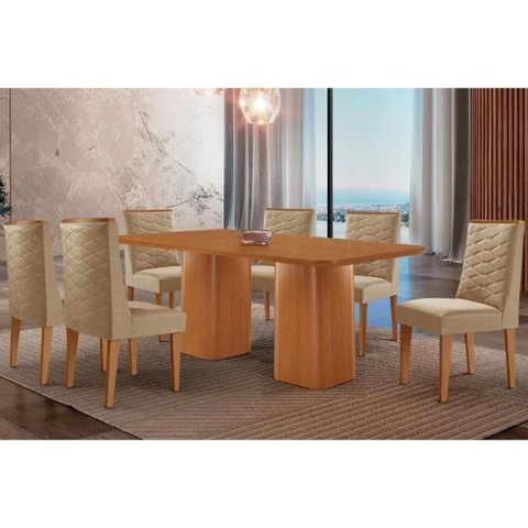 Conjunto: Mesa Sala Jantar Maldivas Tampo Curvo 180cm+6 Cadeiras Dafne Madeira Naturale - Capuccino/