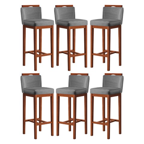 Kit 6 Banquetas Média Gourmet para Cozinha 38x92 Cm Líbia Madeira Maciça Suede Cinza CCS