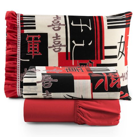 Jogo Cama Lençol Fiore Solteiro Estampado 180 Fios 100% Algodão com Babadinho 3 Peças Vermelho Orien