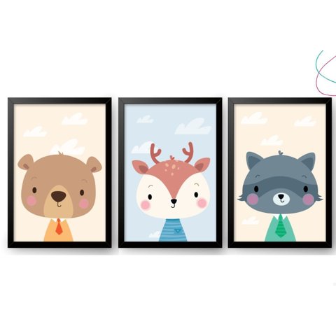 3 Quadros Decorativos Infantil Animais do Bosque Floresta:preta