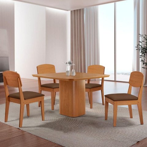 Mesa de Jantar Eloise 90cm Tampo Mdf 4 Cadeiras Copper Veludo Marrom/naturalle