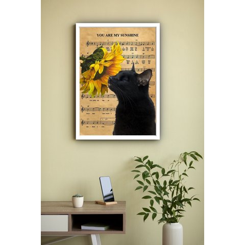 Quadro Decorativo Gato Preto Girassol Sunchine - 70x50cm:moldura Branca