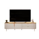 Ver imagem 1 de Bancada Mdf Avatar para Tv até 75 Portas de Bater 2 Gavetas Pés Dourados Offwhite/mel G18 - Gran Bel