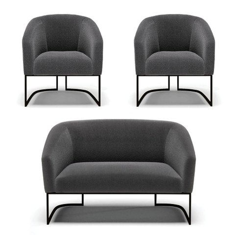 Sofá Namoradeira e 2 Poltronas Base Industrial Preto Stella Bouclê D03 - D'Rossi Cor Grafite
