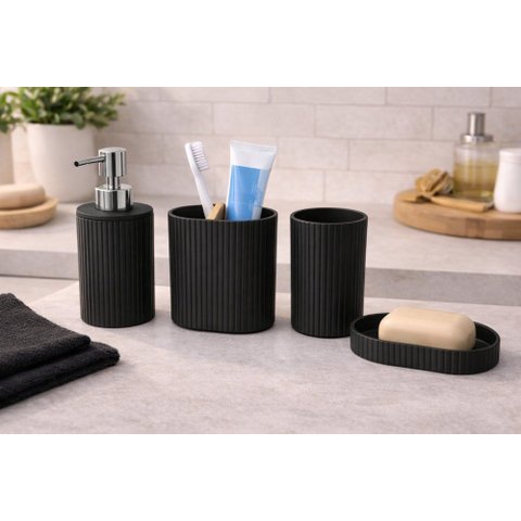 Conjunto para Banheiro com Tampa de Bambu - Preta