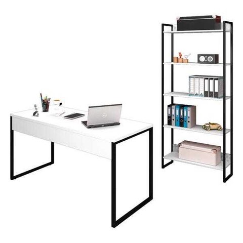 Conjunto Escritório Mesa 150 e Estante Studio Industrial M18 Branco – Mpozenato