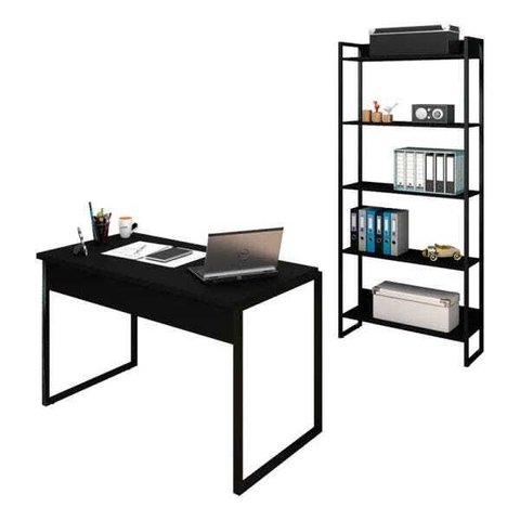 Conjunto Escritório Mesa 120 e Estante Studio Industrial M18 Preto – Mpozenato