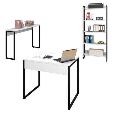 Conjunto Escritório Mesa 90 Aparador e Estante Studio Industrial M18 Branco– Mpozenato