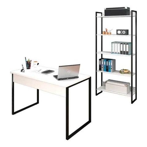 Conjunto Escritório Mesa 120 e Estante Studio Industrial M18 Branco – Mpozenato