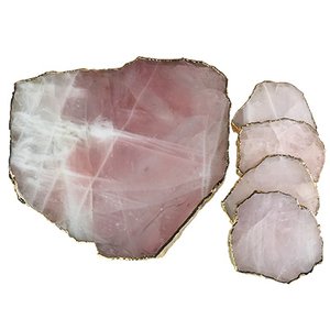 Quartzo Rosa Bandeja + Porta Copos Banho Dourado