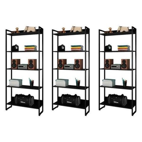 Kit 3 Estantes Livreiro Studio Industrial M18 Preto – Mpozenato