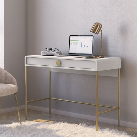Escrivaninha Mesa Escritório Luna Pés Dourados 2 Gavetas 100cm Industrial Branco E Dourado