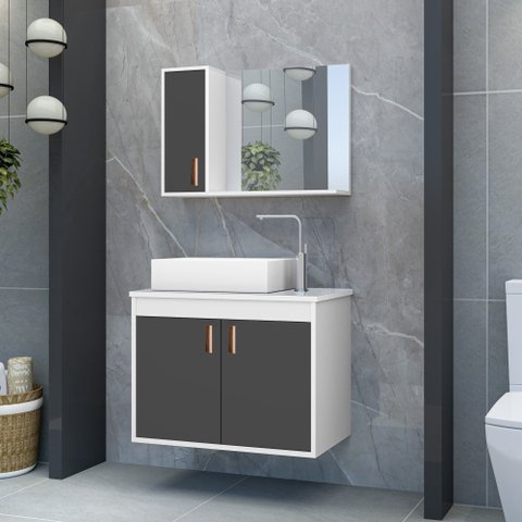 Conjunto Gabinete Banheiro com Pia e Espelho Clean 60 Brgra