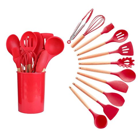 Jogo de Cozinha 12 Peças Silicone Madeira Colher Espatula Fouet Pegador Escumadeira Concha Talheres 