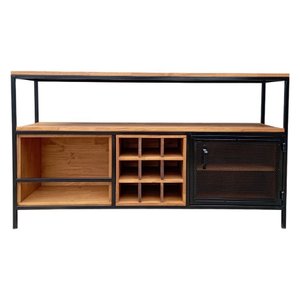 Buffet Aparador de Madeira e Ferro para Garrafas de Vinhos Decoração Industrial Preto e Castanheira