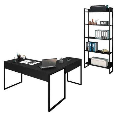 Mesa em L e Estante para Escritório Studio Industrial M18 Preto – Mpozenato