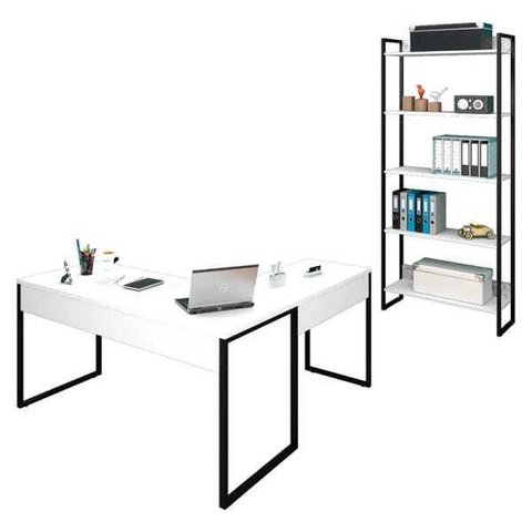 Mesa em L e Estante para Escritório Studio Industrial M18 Branco – Mpozenato