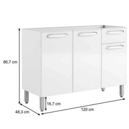 Armário Aéreo 7008 e Balcão Gabinete Pia Inox 120cm 7022 Evidence Branco - Bertolini - 9