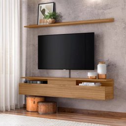 Rack Suspenso com Prateleira Papel de Parede e Suporte para Tv Até 80 Pol. Nature/Concreto - Amo Mor - 1