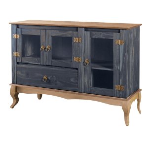 Balcão Buffet Aparador 3 Portas 1 Gaveta Portas de Vidro Pés Luiz Xv D125 - Azul Rustic