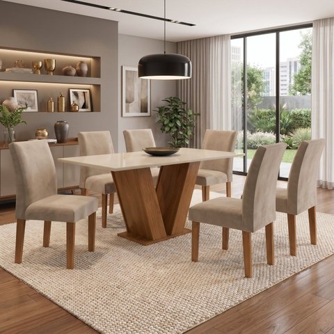 Conjunto Mesa de Jantar com 6 Cadeiras em MDF e Tampo de Vidro Casuá Espanha Chocolate/Off White