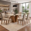 Ver imagem 1 de Conjunto Mesa de Jantar com 6 Cadeiras em MDF e Tampo de Vidro Casuá Espanha Chocolate/Off White