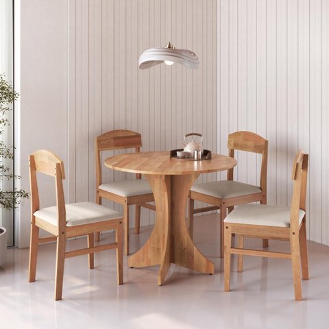 Conjunto Mesa Jantar Redonda 80cm 4 Cadeiras Madeira Maciça Capri Amêndoa Cbmjrc80