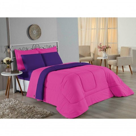 Kit Edredom Dupla Face + Jogo de Lençol King Nobre 7 Peças Malha 100% Algodão - Pink / Roxo