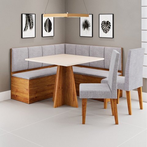 Conjunto Canto Alemão Baú com Mesa 90x90cm sem Vidro e 2 Cadeiras Bariloche Bege/Mel/Blonde/Juta