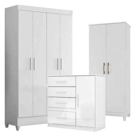Guarda Roupa Infantil Madri com Cômoda Vênus e Armário Multiuso Jade Branco Brilho – Moval