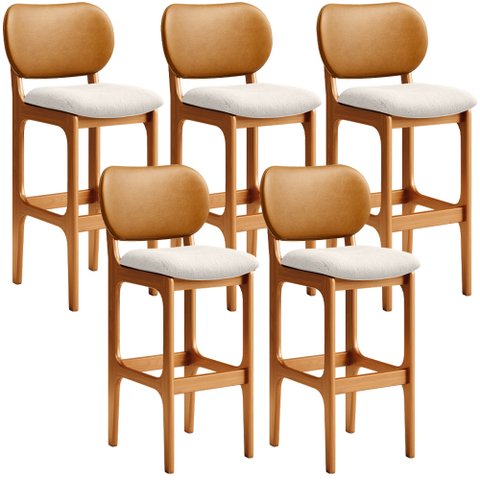 Kit 5 Banquetas Alta Bar Cozinha Jantar Betta L02 Imbuia Couríssimo Whisky Linho Cru - Lyam Decor