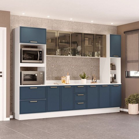 Cozinha Completa Amara 13 Portas 4 Gavetas com Vidro Azul/branco - Politorno