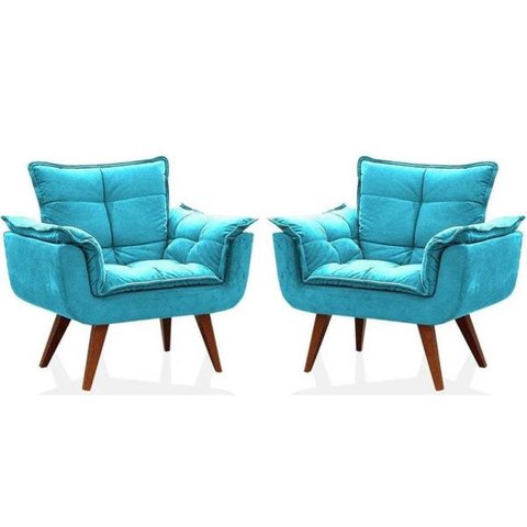 Kit 2 Poltronas Decorativa Opala Suede Azul Tifany - Twdecora