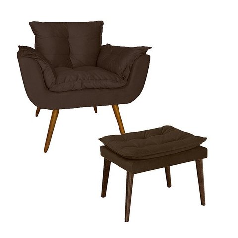 Poltrona E Puff Opala Pés Palito Suede Marrom - LM DECOR