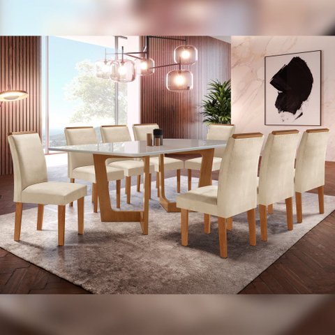 Conjunto Sala de Jantar Nápoles Tampo Vidro/MDF com 8 Cadeiras Luísa Smart Plus Cel Móveis