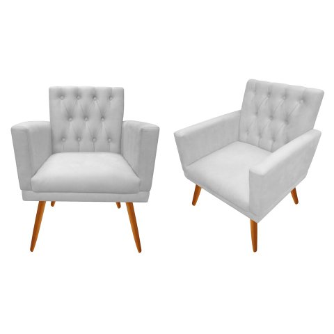 Kit 2 Poltronas Decorativa Nina Capitonê Couro Branco Pés Madeira Ms Decor
