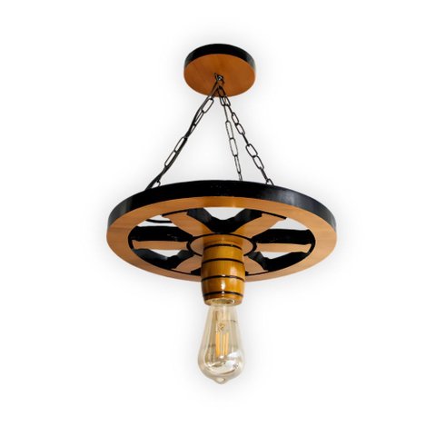 Pendente Luminária Lustre Roda de Carroça 33cm de Madeira Maciça - Cerejeira