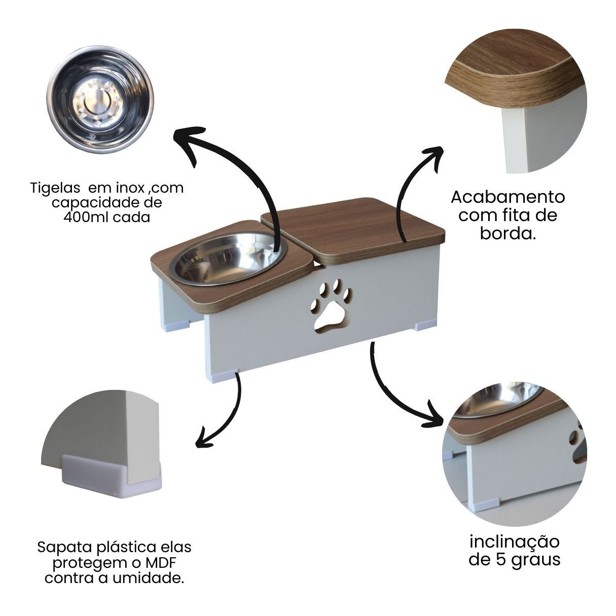 Comedouro Elevado Hibrido Cachorro Base Bebedouro Pet mdf - Inox - 4