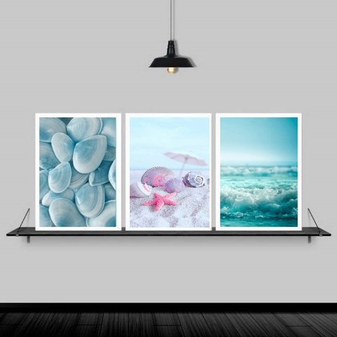 Kit 3 Quadros Praia Mar Azul E Rosa 45x34cm:Madeira branca