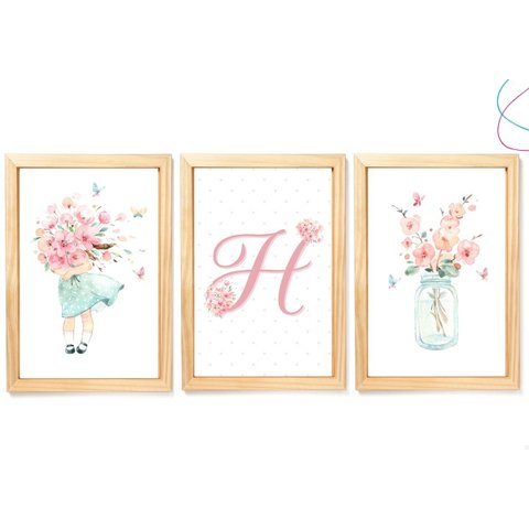 Kit com 3 Quadros Decorativos Menina em Aquarela Flores: Pinus