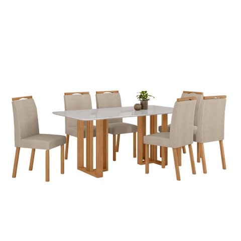 Conjunto Sala de Jantar Mesa Téssera 170 Tampo Vidro Off White com 6 Cadeiras Bonna - Lopas Amendoa 