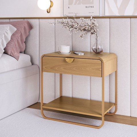 Mesa de Cabeceira 60cm 1 Gaveta Orgânica Pé Metal Luna Bege