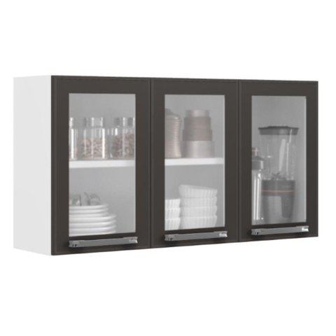 Armário de Cozinha Aéreo Itatiaia Aço 3 Portas Com Vidro Florença Grafite/Branco