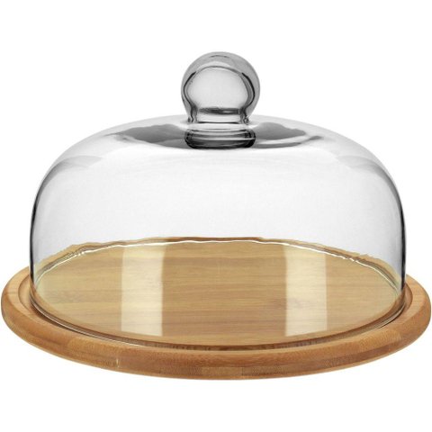 Prato Bolo 15x26x26cm Bambu Natural Tampa Vidro