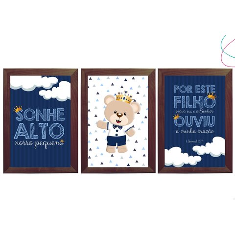 3 Quadros Decorativos Ursinho Príncipe 20x30 Moldura e Vidro:tabaco