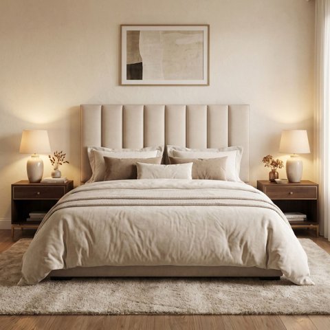 Cabeceira Londres Queen Bouclé Bege | Estofada | Conforto Premium:Bege